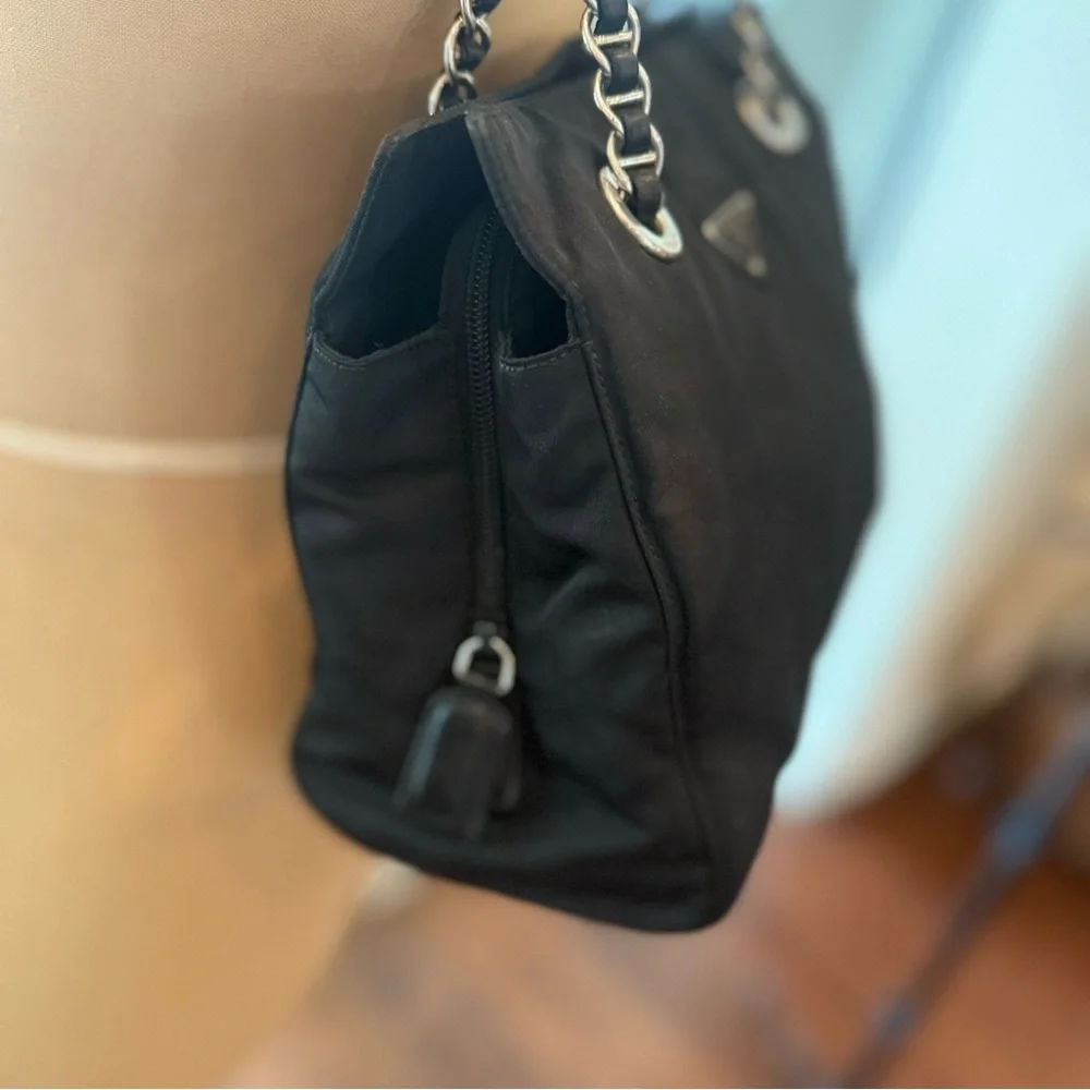 Prada Black Nylon Shoulder Bag w/ Silver and  Saffiano Black Leather Chain Strap - Picture 10 of 12